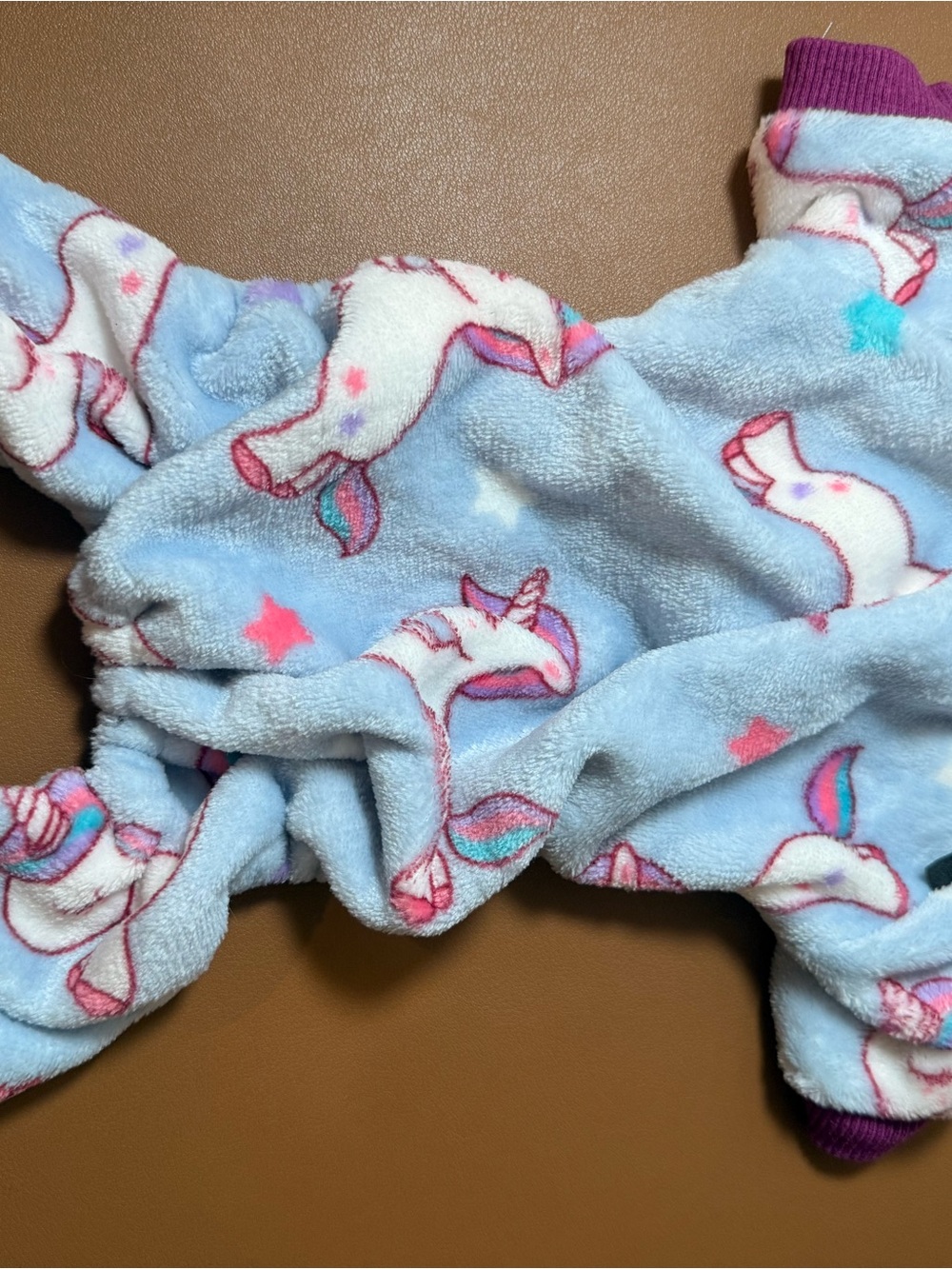 Light Blue Unicorn Fleece Dog Onesie with Purple Cuffs